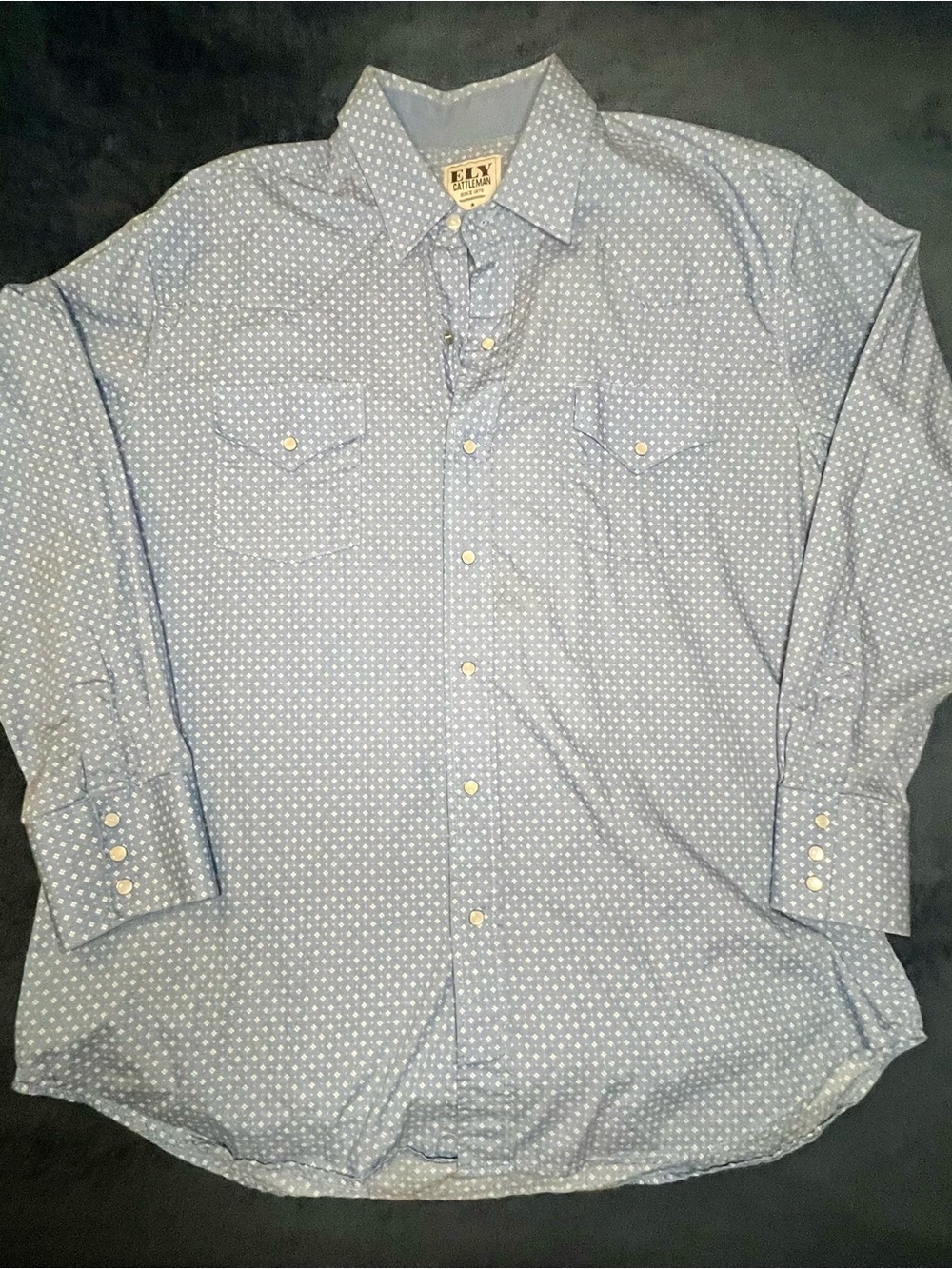 Ely Cattleman XL Blue White Dot Western Pearl Snap Long Sleeve Cowboy Shirt